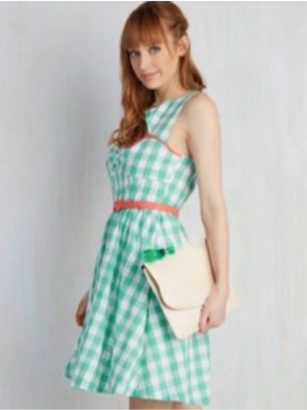 Mod Cloth gingham dress w pockets Green White Peach Preppy Cotton  LG Sexy Cute